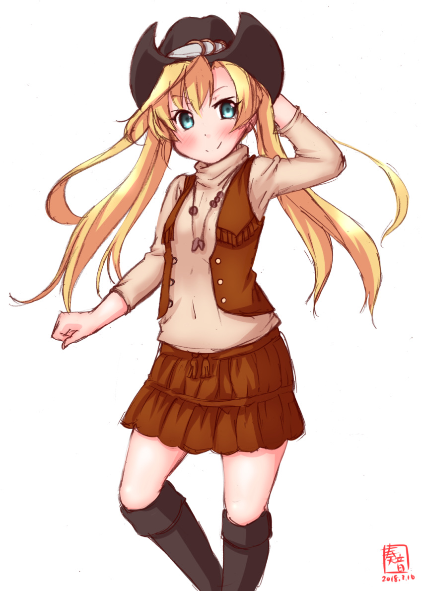 abukuma_(kantai_collection) alternate_costume artist_logo black_legwear blonde_hair blue_eyes brown_skirt brown_vest commentary_request cowboy_hat dated frilled_skirt frills hat highres jewelry kanon_(kurogane_knights) kantai_collection long_hair looking_at_viewer md5_mismatch necklace simple_background skirt smile solo twintails vest western white_background