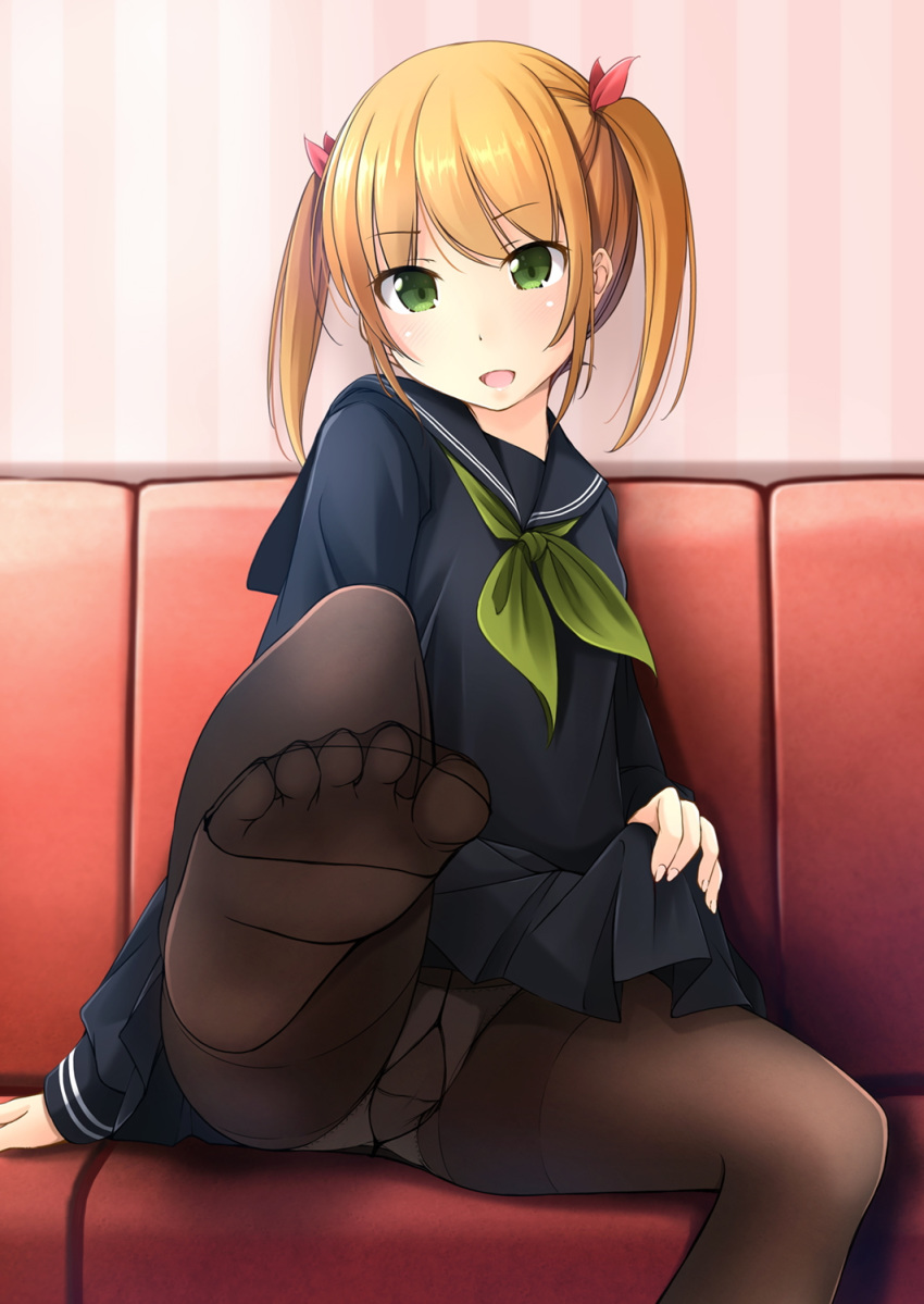 1girl blonde_hair couch feet green_eyes long_hair looking_at_viewer no_shoes one_leg_raised panties_under_pantyhose pantyhose parted_lips pov pov_feet serafuku sitting skirt_lift soles toes twintails