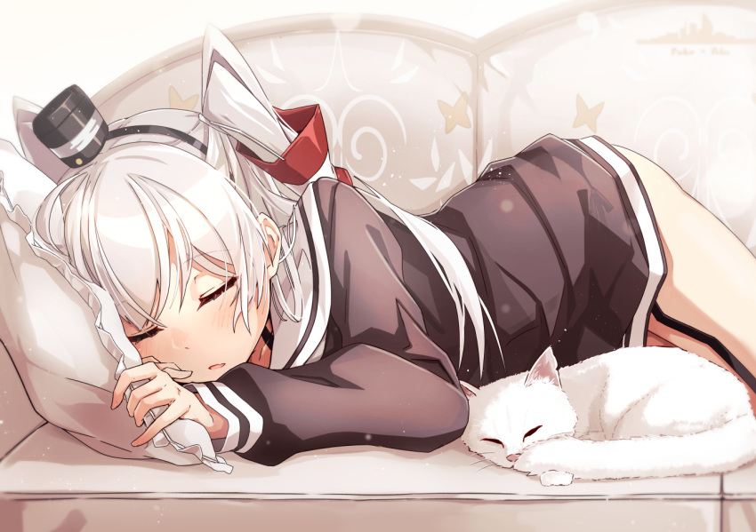amatsukaze_(kantai_collection) bangs blush brown_dress cat closed_eyes commentary_request couch dress eyebrows_visible_through_hair fang garter_straps hair_between_eyes hair_tie hair_tubes hairband hat holding holding_pillow kantai_collection long_hair lying mini_hat on_side open_mouth pillow sailor_dress short_dress sidelocks silver_hair sleeping smokestack solo takanashi_kei_(hitsujikan) thighs two_side_up whiskers white_cat
