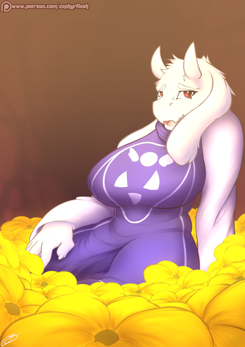 2016 absurd_res anthro big_breasts boss_monster breasts caprine clothed clothing digital_media_(artwork) female flower goat hi_res horn long_ears looking_at_viewer mammal open_mouth plant solo toriel undertale video_games zephyrflash