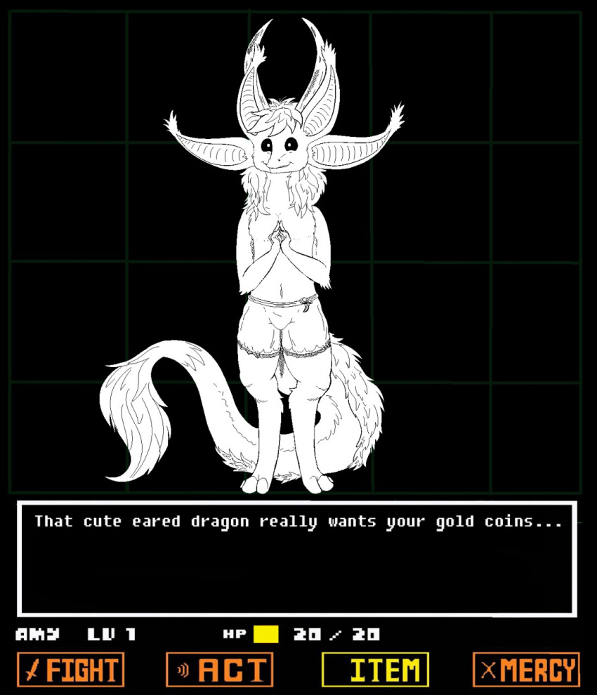 2015 anthro clothed clothing digital_media_(artwork) digitigrade dragon english_text fur furred_dragon hair male mirroid mirroidal multi_ear parody partially_clothed pixel_(artwork) sairlan_(mirroidal) shorts simple_background smile solo text topless undertale video_games