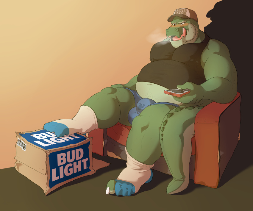 alligator anthro balls belly big_belly blush box breath bulge claws clothing controller crocodilian fluffysnowmeow hat humanoid_penis legwear licking licking_lips male mature_male musclegut muscular navel penis redneck remote_control reptile scalie shirt socks solo tank_top tongue tongue_out torn_clothing torn_socks