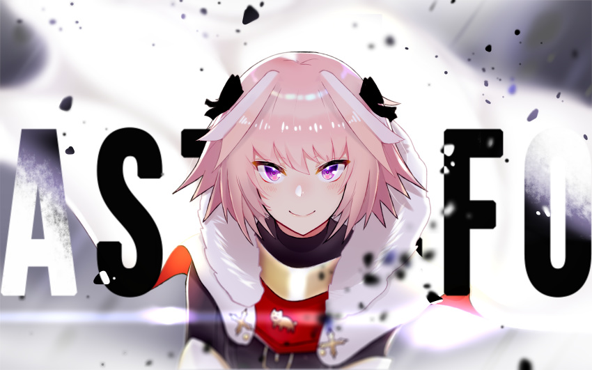 absurdres astolfo_(fate) bangs black_bow black_shirt blurry blush bow buckle character_name cloak closed_mouth commentary debris depth_of_field elbow_gloves emblem fate/apocrypha fate_(series) from_above fur-trimmed_cloak fur_collar gloves gorget hair_bow hair_intakes highres lips long_hair long_sleeves looking_at_viewer looking_up male_focus multicolored_hair ookura_(karattooo) otoko_no_ko pink_hair purple_eyes shiny shiny_hair shirt smile solo streaked_hair tsurime turtleneck two-tone_hair upper_body white_cloak white_gloves white_hair