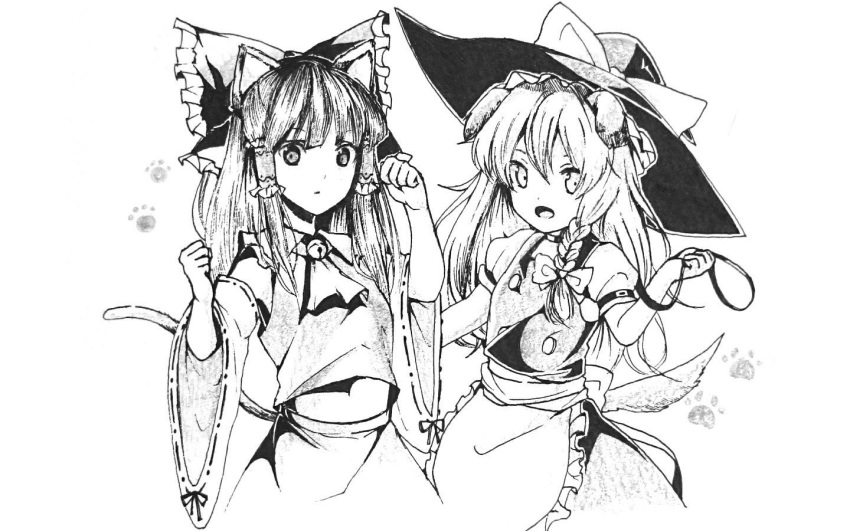 :d animal_ears apron arm_around_waist ascot bell bell_collar blush braid breasts cat_ears cat_tail collar detached_sleeves dog_ears dog_tail expressionless floppy_ears frilled_shirt_collar frills graphite_(medium) greyscale hair_ribbon hair_tubes hakurei_reimu hat kemonomimi_mode kirisame_marisa leash long_hair looking_at_viewer midriff monochrome multiple_girls open_mouth paw_pose paw_print puffy_short_sleeves puffy_sleeves ribbon short_sleeves side-by-side side_braid single_braid small_breasts smile straight_hair tail touhou traditional_media vest waist_apron witch_hat yururi_nano