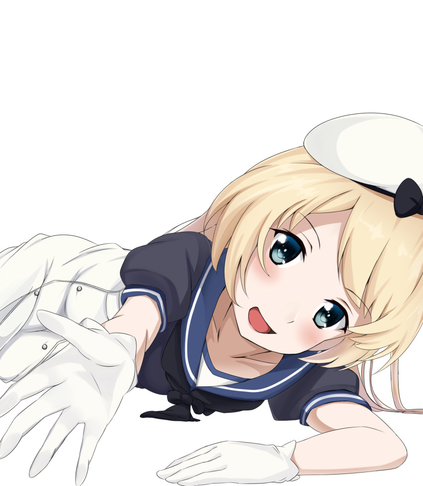 blonde_hair blue_eyes blue_sailor_collar dress gloves hat highres jervis_(kantai_collection) kantai_collection kazuyagami long_hair looking_at_viewer lying on_stomach open_mouth perspective sailor_collar sailor_dress short_sleeves simple_background solo white_background white_dress white_gloves white_hat