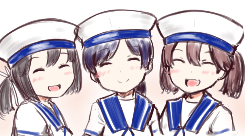 black_hair blue_sailor_collar brown_hair closed_eyes commentary_request cosplay daitou_(kantai_collection) dress hat hiburi_(kantai_collection) hiburi_(kantai_collection)_(cosplay) kantai_collection kirigakure_(kirigakure_tantei_jimusho) multiple_girls odd_one_out open_mouth ponytail ryuujou_(kantai_collection) sailor_collar sailor_dress sailor_hat short_hair sidelocks smile twintails upper_body