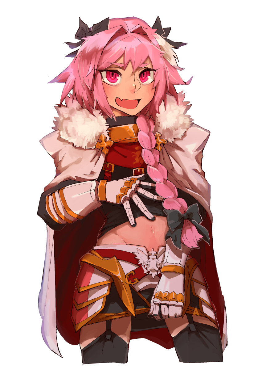 :d absurdres astolfo_(fate) bangs black_bow black_gloves black_legwear black_shirt black_skirt bow braid buckle cloak commentary_request cropped_legs emblem eyebrows_visible_through_hair fang fate/apocrypha fate_(series) faulds fur-trimmed_cloak fur_collar garter_straps gauntlets gloves gold_trim gorget hair_bow hair_intakes hair_over_shoulder hand_up highres legs_apart lifted_by_self long_hair long_sleeves looking_at_viewer male_focus miniskirt multicolored_hair navel open_mouth otoko_no_ko pink_eyes pink_hair ringed_eyes shirt shirt_lift simple_background single_braid skirt skirt_grab smile solo standing stomach streaked_hair tapioka_chaso thick_eyebrows thighhighs tsurime turtleneck two-tone_hair white_background white_cloak white_hair zettai_ryouiki