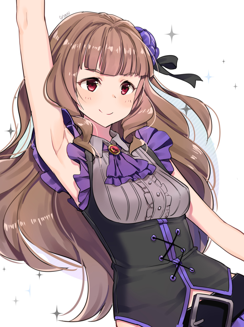 arm_up armpits ascot bad_id bad_pixiv_id bangs belt belt_buckle black_belt black_shirt blush brown_hair buckle closed_mouth commentary_request cross-laced_clothes dutch_angle eyebrows_visible_through_hair goyain highres idolmaster idolmaster_cinderella_girls idolmaster_cinderella_girls_starlight_stage kamiya_nao long_hair purple_neckwear red_eyes shirt sleeveless sleeveless_shirt smile solo sparkle thick_eyebrows underbust very_long_hair white_background