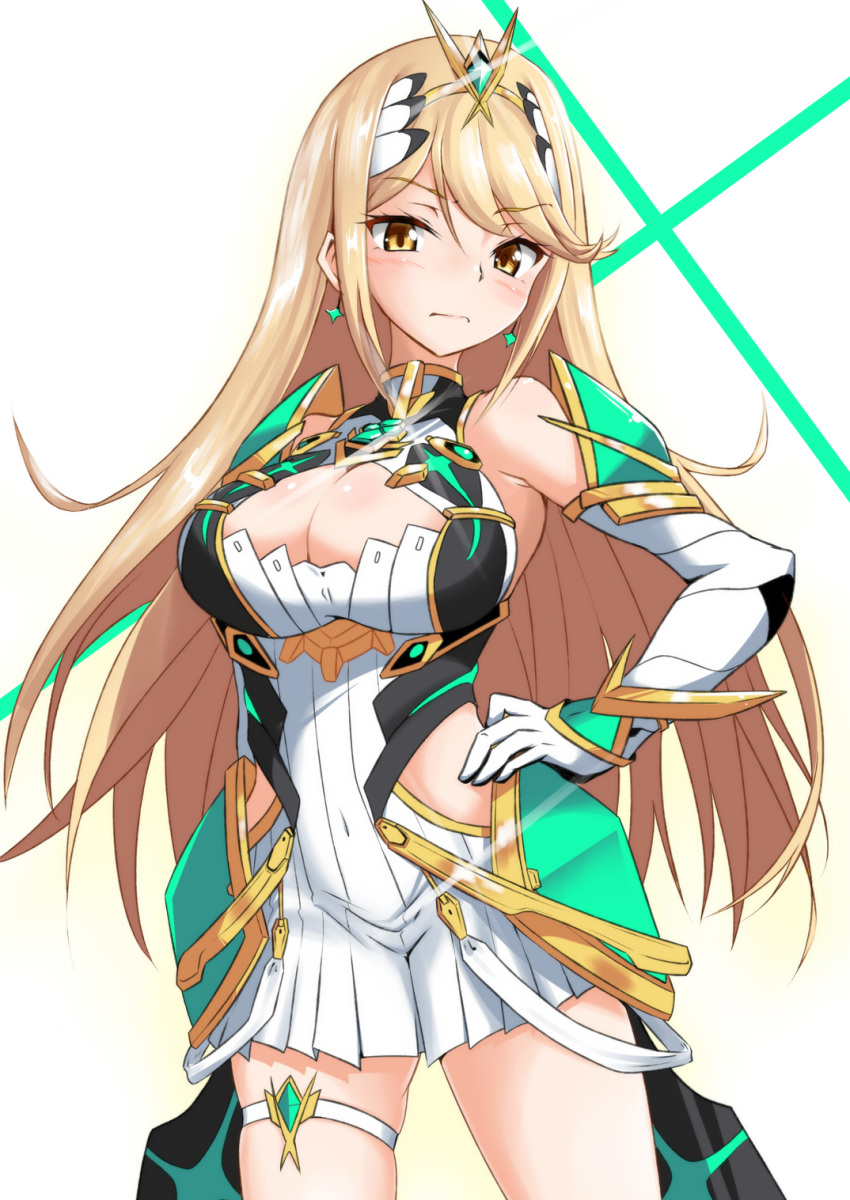 blonde_hair blush breasts cleavage cleavage_cutout closed_mouth commentary_request elbow_gloves gloves hand_on_hip highres hikari_(xenoblade_2) long_hair looking_at_viewer medium_breasts solo standing tachi_(mtd) tiara white_gloves xenoblade_(series) xenoblade_2 yellow_eyes
