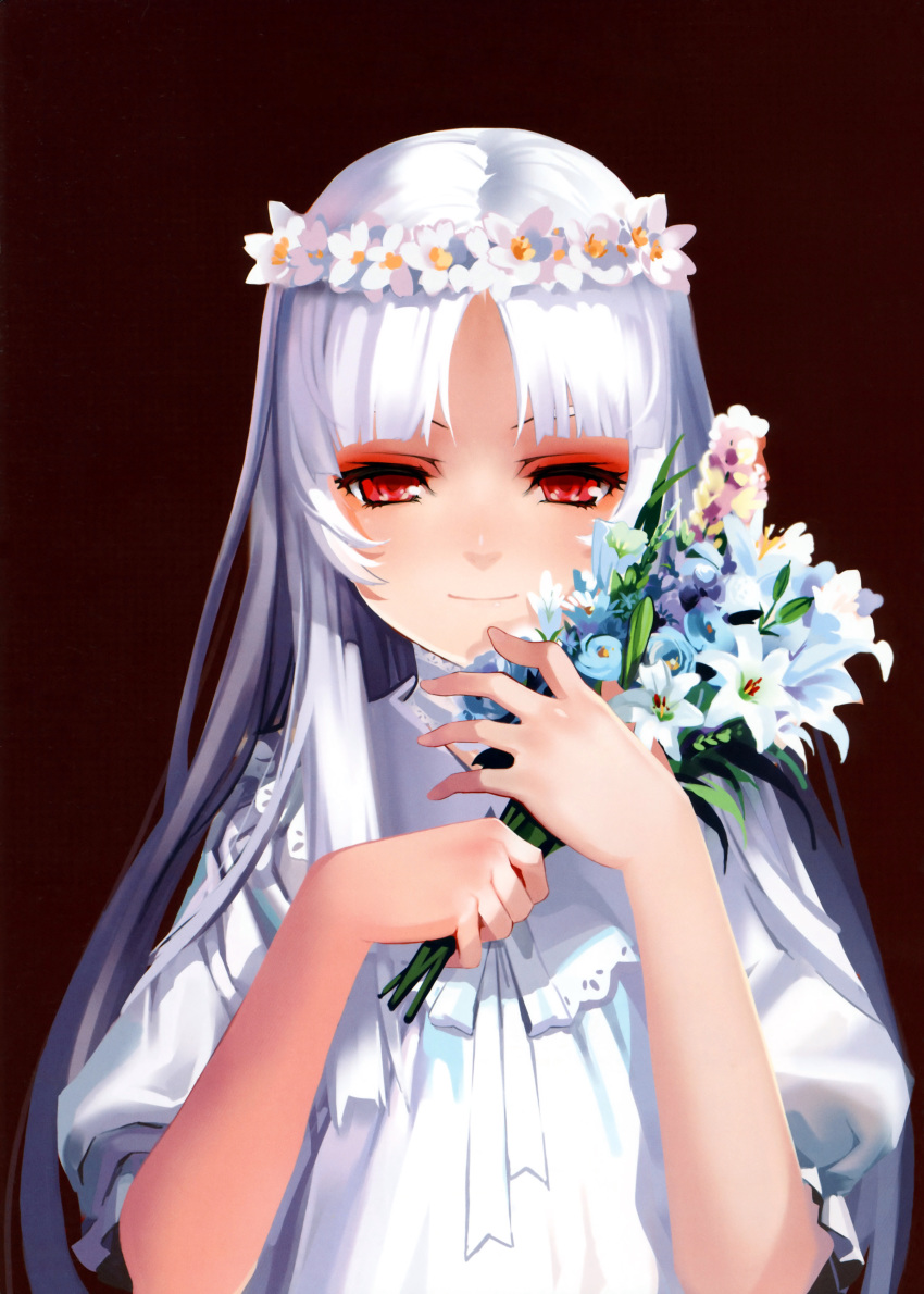 absurdres albino alphonse_(white_datura) bangs bouquet dress el_(sound_horizon) elysion flower head_wreath highres huge_filesize light_smile long_hair non-web_source parted_bangs puffy_sleeves red_eyes scan simple_background solo sound_horizon upper_body white_dress white_hair