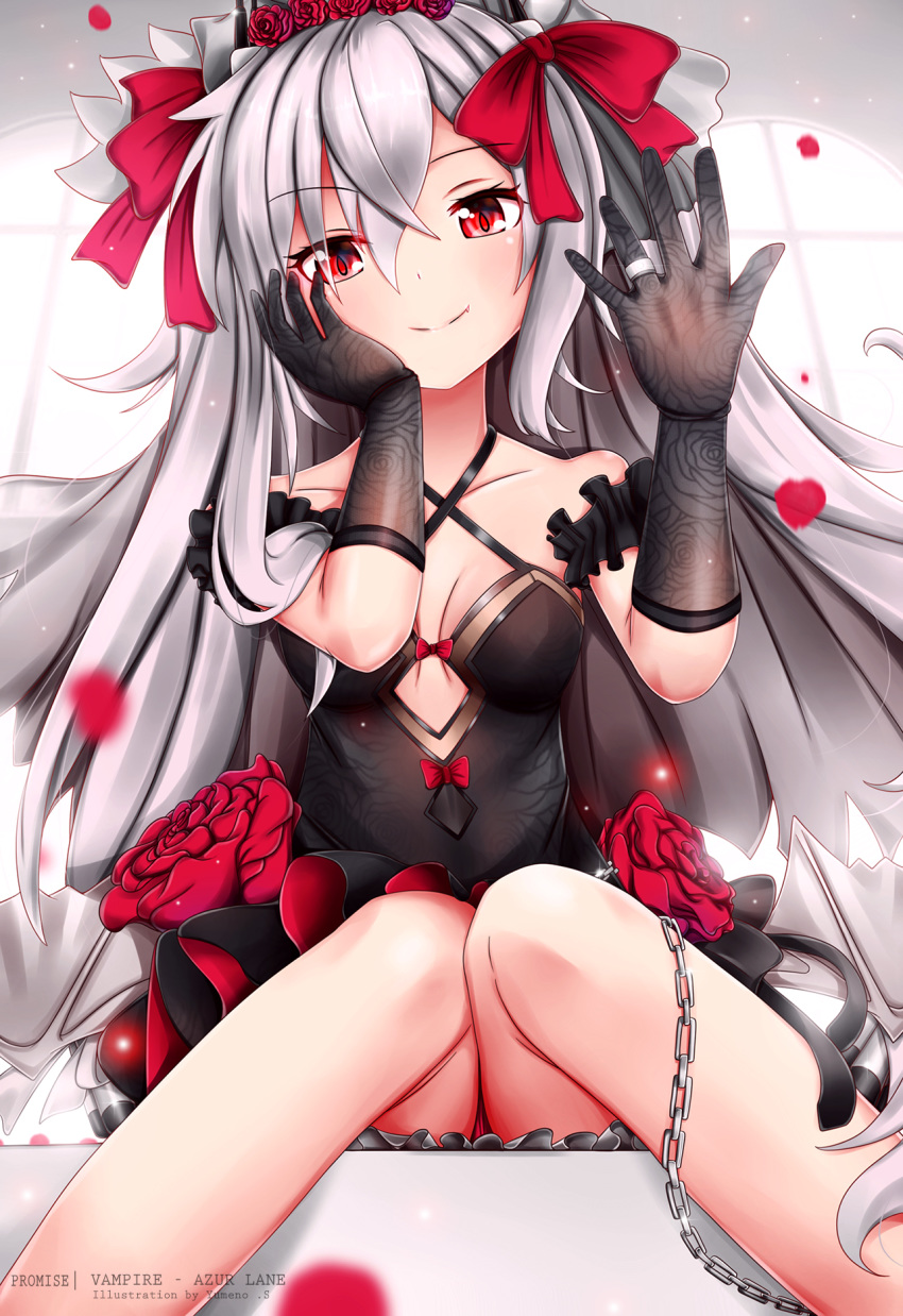 arm_garter artist_name azur_lane bangs bare_shoulders black_dress black_gloves black_legwear blush breasts chain character_name cleavage cleavage_cutout closed_mouth collarbone commentary_request dress dress_bow eyebrows_visible_through_hair fang fang_out floating_hair flower from_below gloves hair_between_eyes hair_ornament hair_ribbon hand_on_own_face highres jewelry knees_together_feet_apart light_particles long_hair looking_at_viewer panties petals red_eyes ribbon ring rose sidelocks silver_hair silver_wings sitting small_breasts smile solo thighhighs tiara twintails underwear vampire_(azur_lane) very_long_hair wedding_band wind window wings yumeno_s