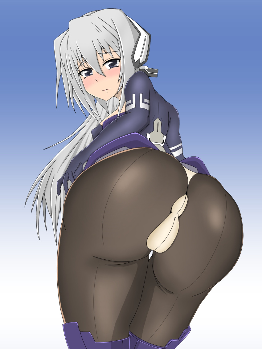 1girl android artist_request ass blue_eyes blush bodysuit breasts cameltoe from_behind from_below headgear horizon_ariadust huge_ass kyoukaisenjou_no_horizon long_hair looking_at_viewer looking_back pantyhose shiny shiny_clothes shiny_hair silver_hair solo thong very_long_hair