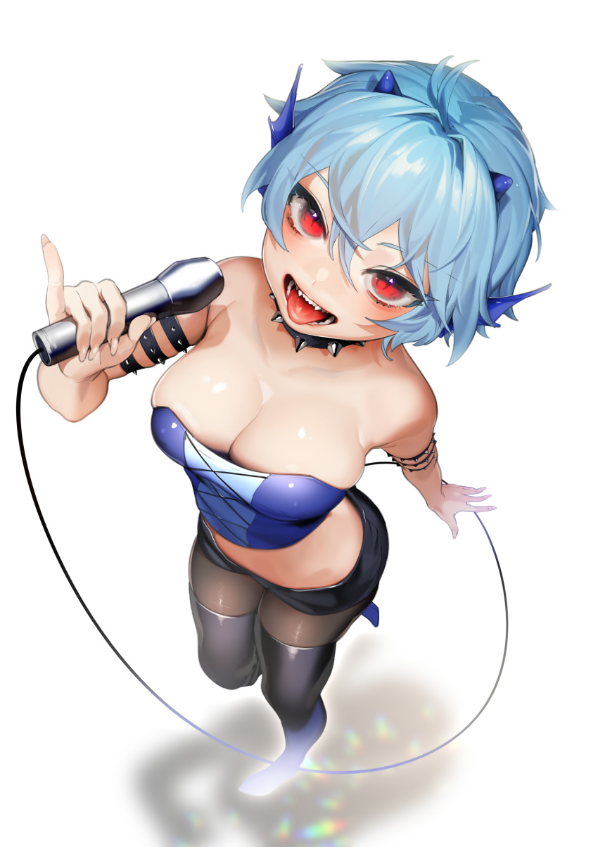absurdres ahoge arm_at_side arm_strap bangs bare_arms bare_shoulders black_footwear black_shorts blue_hair boots breasts choker cleavage collarbone fangs fingernails fins fish_girl from_above full_body hair_between_eyes hand_up head_fins highres holding holding_microphone large_breasts long_fingernails looking_at_viewer looking_up mermaid_melody_pichi_pichi_pitch microphone mimi_(mermaid_melody_pichi_pichi_pitch) monster_girl music ohisashiburi open_mouth pantyhose pinky_out red_eyes short_hair short_shorts shorts signature simple_background singing skindentation slit_pupils solo spiked_choker spikes standing strapless teeth thigh_boots thighhighs tongue tongue_out upper_teeth white_background
