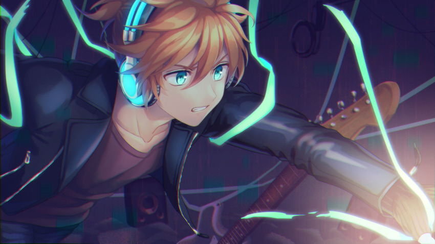 akiyoshi_(tama-pete) alternate_costume aqua_eyes blonde_hair blue_eyes casual clenched_teeth commentary_request determined fingerless_gloves gloves glowing guitar headphones instrument jacket kagamine_len leather leather_jacket male_focus outstretched_arm shirt short_hair short_ponytail solo t-shirt teeth vocaloid
