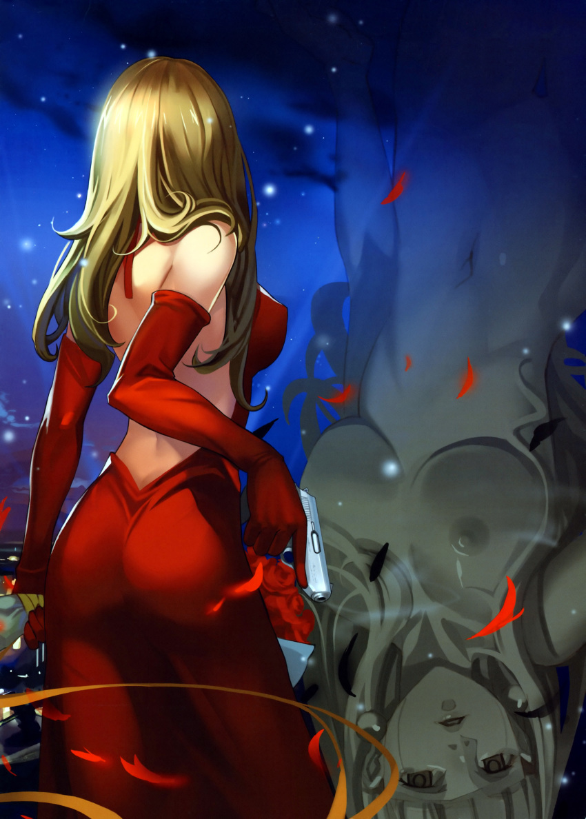 absurdres alphonse_(white_datura) ass back backless_dress backless_outfit bare_shoulders blonde_hair breasts dress elbow_gloves elysion facing_away flower from_behind gloves gun handgun highres huge_filesize large_breasts long_dress long_hair non-web_source nude petals pistol red_dress reflection rose scan solo sound_horizon stella_(sound_horizon) walther walther_ppk weapon