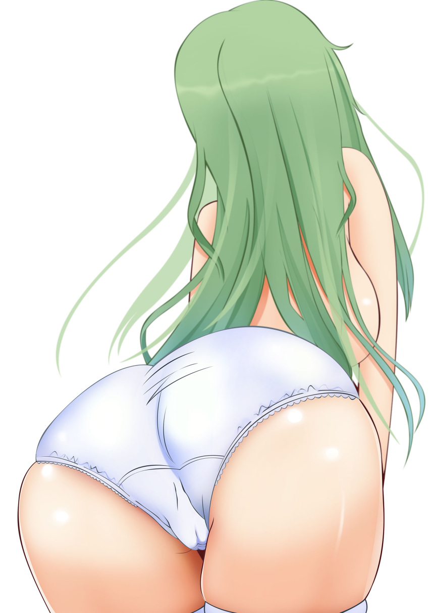 1girl artist_request ass backboob bare_shoulders breasts cameltoe from_behind green_hair huge_ass kochiya_sanae large_breasts leaning leaning_forward long_hair panties shiny shiny_hair shiny_skin solo thighhighs topless touhou underwear white_legwear white_panties