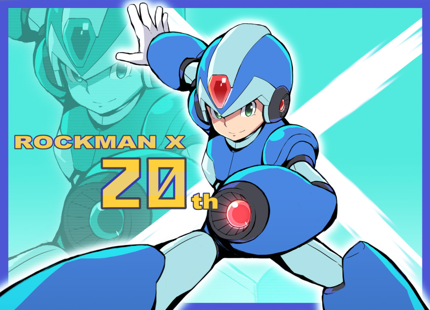 2013 android anniversary arm_cannon blue_background capcom commentary_request copyright_name gloves green_eyes helmet male_focus rockman rockman_x smile solo tonami_kanji weapon white_gloves x_(rockman)