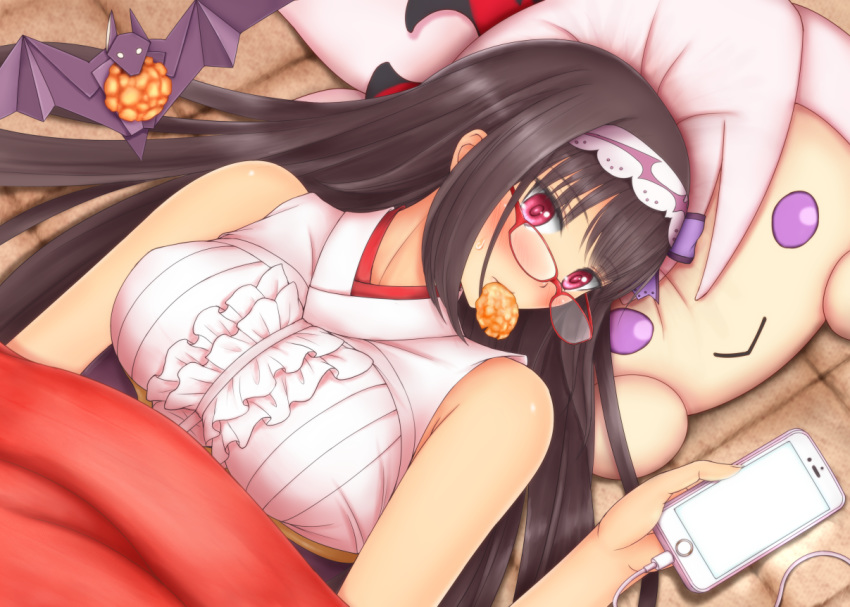 bat black_hair blush breasts cellphone character_pillow commentary_request fate/grand_order fate_(series) food hairband hozenkakari kotatsu large_breasts long_hair looking_at_viewer lying miyamoto_musashi_(fate/grand_order) mouth_hold on_back on_floor origami osakabe-hime_(fate/grand_order) phone purple_eyes red-framed_eyewear smartphone solo sweatdrop table