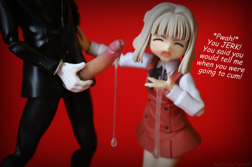 action_figure after_fellatio badtastetoybox black_suit blonde_hair cum cum_in_mouth cum_on_hands cum_string cumdrip eyes_closed formal gloves hidamari_sketch holding_penis nazuna penis photo red_background school_uniform schoolgirl simple_background suit text_focus toy_photography white_gloves