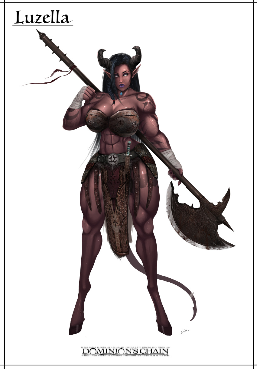 2018 abs absurd_res armor balls black_hair breasts choker cleavage clothed clothing dagger demon female hair halberd hi_res hooves horn humanoid lucien luzella melee_weapon model_sheet piercing polearm solo tattoo unconvincing_armor weapon white_eyes