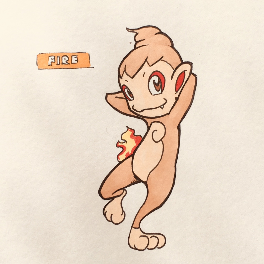 2018 3_toes ambiguous_gender anthro biped brown_eyes chimchar countershade_face countershade_torso countershading cute_fangs english_text eye_markings fire firefightdex front_view full-length_portrait fur hands_behind_head hatching_(technique) head_tuft looking_away mammal marker_(artwork) markings mfanjul mixed_media nintendo noseless nude on_one_leg orange_fur pen_(artwork) pok&eacute;mon pok&eacute;mon_(species) portrait primate red_markings shadow simple_background smile socks_(marking) solo standing tan_countershading tan_skin text toes toony traditional_media_(artwork) video_games white_background