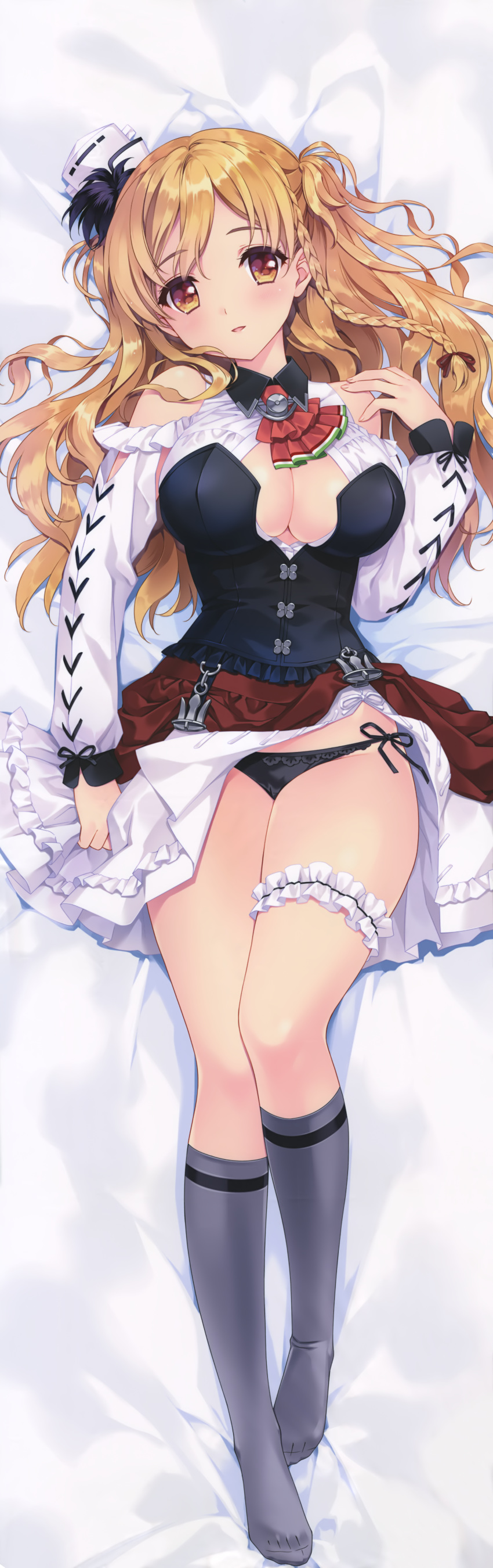 :d absurdres anchor arm_at_side ascot bangs bare_shoulders bed_sheet black_panties blonde_hair blush braid breasts brown_eyes bustier carnelian cleavage cleavage_cutout dakimakura eyebrows_visible_through_hair frills full_body grey_legwear hair_ribbon hand_up hat head_tilt highres huge_filesize kantai_collection kneehighs large_breasts layered_skirt leg_garter long_hair long_sleeves looking_at_viewer lying mini_hat no_shoes on_back open_mouth panties red_neckwear red_ribbon remodel_(kantai_collection) ribbon shiny shiny_hair shirt shoulder_cutout side-tie_panties side_braid smile solo tareme thighs underwear white_hat white_shirt zara_(kantai_collection)