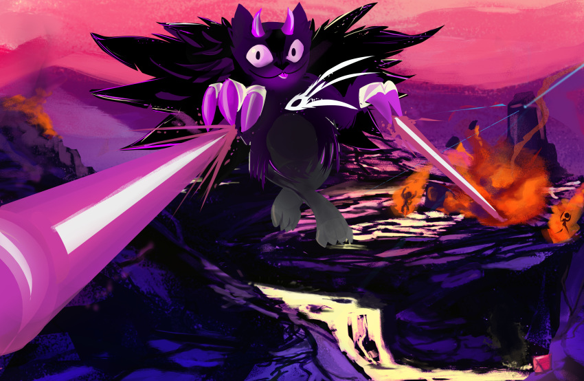 3_fingers 4_toes attack burning claws crossed_legs demon detailed_background devil_horns digital_media_(artwork) digital_painting_(artwork) dirtyscoundrel fingers fire front_view fur grey_fur group hi_res horn imminent_death landscape laser looking_at_viewer male multicolored_fur outside patoolas pink_sky purple_claws purple_eyes purple_fur purple_horn purple_sclera sky solo solo_focus toes