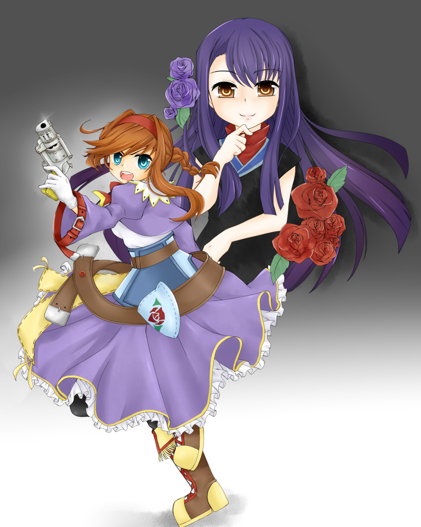 bare_arms beatrice_(wild_arms) blouse blue_eyes braid breasts brown_hair commentary_request dress gloves hairband hekikuu_(kanaderuyume) highres long_hair looking_at_viewer medium_breasts multiple_girls open_mouth purple_dress purple_hair purple_skirt red_hairband shirt sidelocks skirt virginia_maxwell white_gloves white_shirt wild_arms wild_arms_3