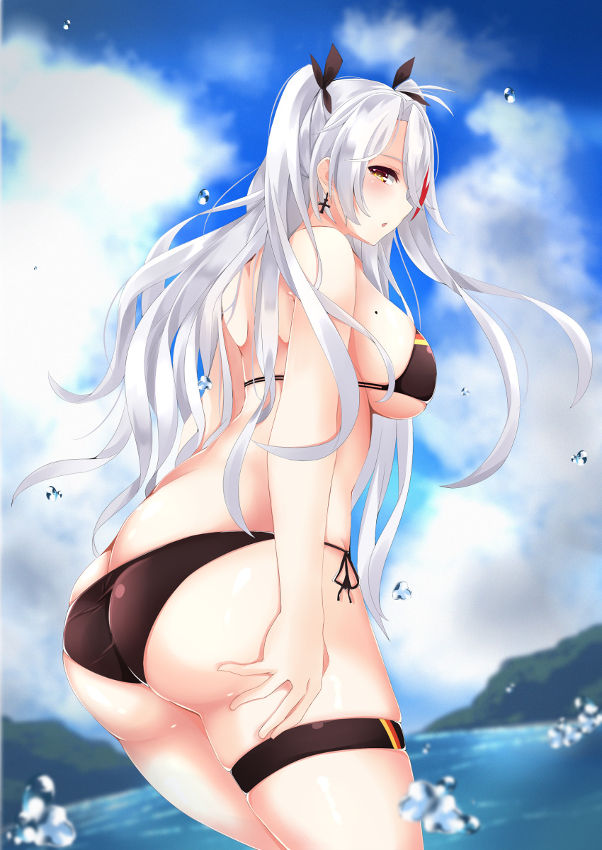 antenna_hair ass azur_lane bangs bikini black_bikini black_ribbon blue_sky blush breasts cloud commentary_request cross cross_earrings earrings eyebrows_visible_through_hair from_behind gloves hair_between_eyes hair_ribbon hand_on_leg highres jewelry large_breasts long_hair looking_at_viewer mole mole_on_breast multicolored_hair ocean open_mouth prinz_eugen_(azur_lane) red_hair ribbon shoulder_blades side-tie_bikini sidelocks silver_hair sky smile solo streaked_hair surota swimsuit thigh_strap thighs two_side_up very_long_hair water water_drop