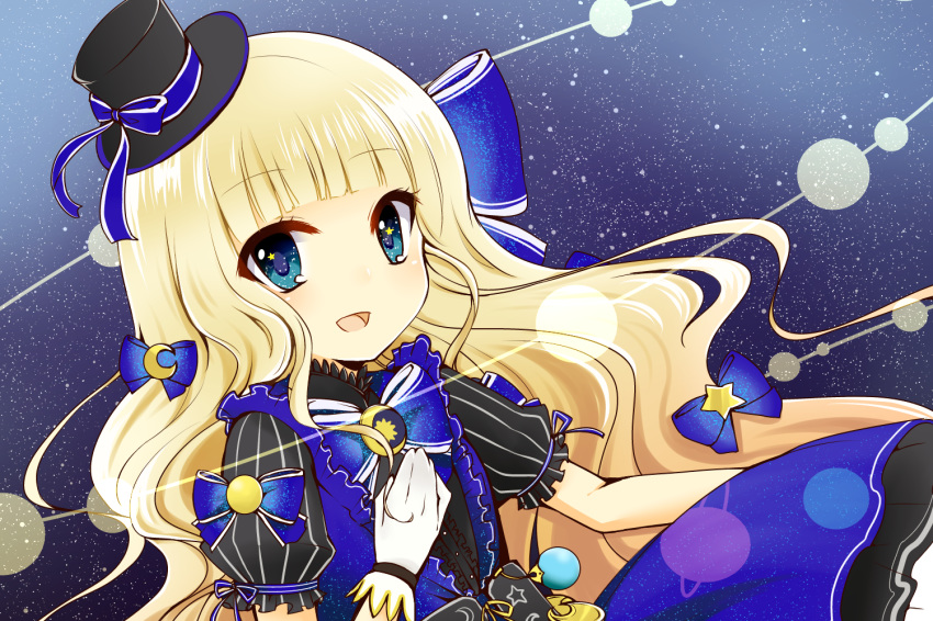 :d bangs black_hat black_shirt blonde_hair blue_bow blue_eyes blue_skirt blunt_bangs blush bow center_frills character_request crescent eyebrows_visible_through_hair frills gloves hair_bow hand_on_own_chest hat long_hair looking_at_viewer mini_hat mini_top_hat open_mouth puffy_short_sleeves puffy_sleeves shironeko_project shirt short_sleeves skirt smile solo space star star_(sky) star_in_eye striped symbol_in_eye top_hat vertical_stripes very_long_hair white_gloves yukiyuki_441
