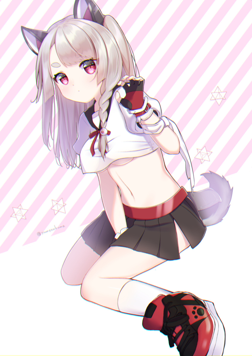 animal_ears azur_lane bad_id bad_pixiv_id bangs between_legs black_gloves black_skirt blue_footwear blue_nails blush braid breasts claw_pose closed_mouth crop_top crop_top_overhang diagonal-striped_background diagonal_stripes dutch_angle eyebrows_visible_through_hair fingernails gloves hand_between_legs hand_up highres kneehighs kuma_no_yume light_brown_hair long_hair looking_at_viewer medium_breasts multicolored multicolored_nails nail_polish navel one_side_up pink_nails pleated_skirt puffy_short_sleeves puffy_sleeves red_eyes school_uniform serafuku shirt shoes short_sleeves side_braid sitting skirt solo star striped striped_background tail thick_eyebrows twitter_username underboob white_legwear white_shirt wolf_ears wolf_girl wolf_tail yuudachi_(azur_lane)