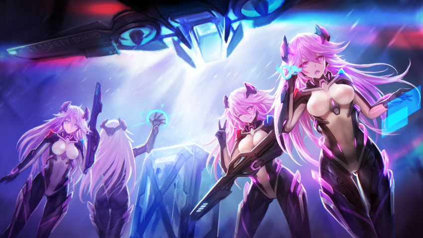5girls ;p absurdres aircraft ass bodysuit breasts closed_mouth gun highres holographic_interface long_hair looking_at_viewer medium_breasts multiple_girls night one_eye_closed open_mouth pink_eyes pink_hair smile standing tongue tongue_out v vtol weapon zhuore_zhi_hen