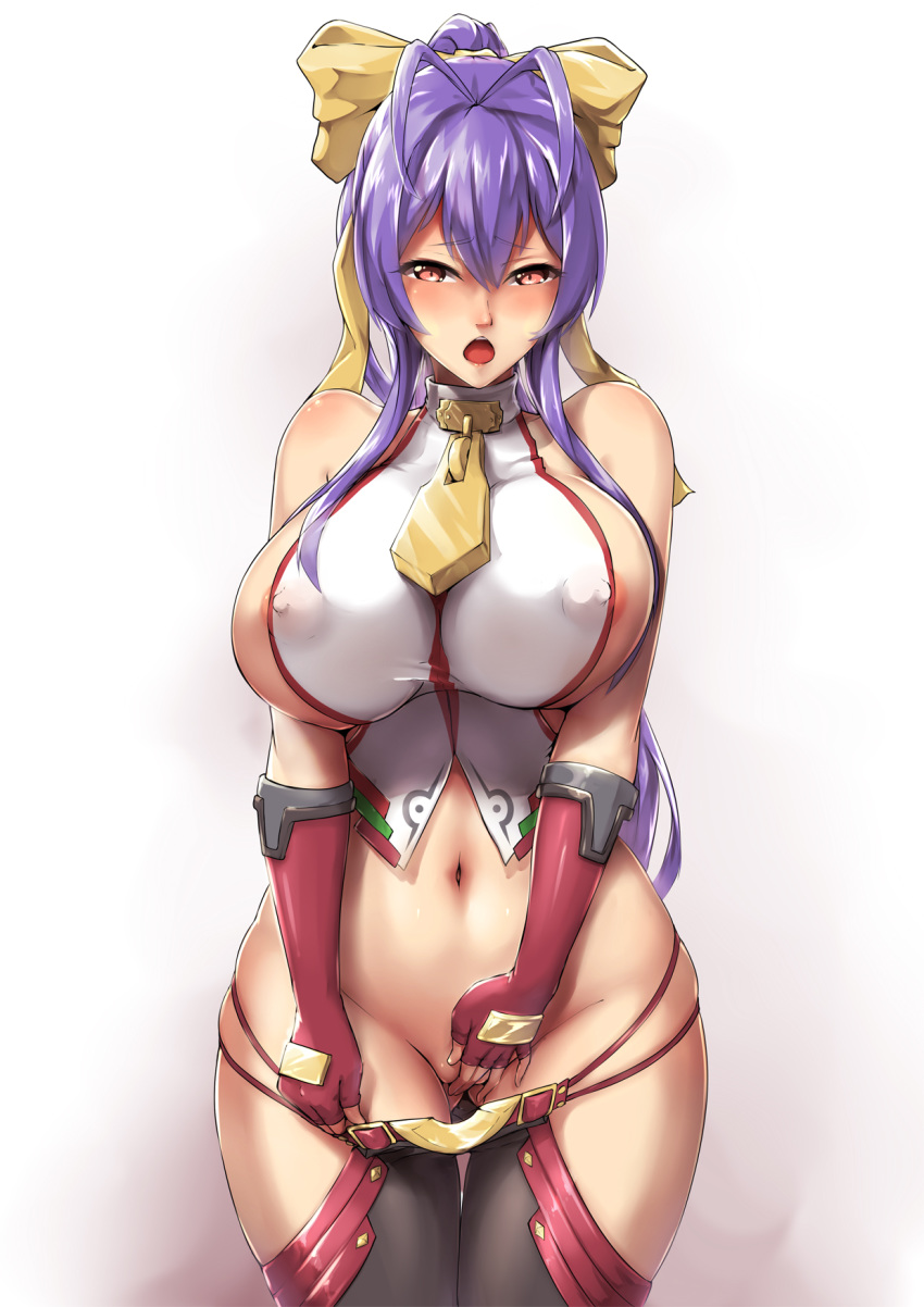antenna_hair areola_slip areolae ass_visible_through_thighs bangs bare_shoulders black_pants blazblue blue_hair blush bow breasts covered_nipples covering covering_crotch cowboy_shot eyebrows_visible_through_hair fingerless_gloves genderswap genderswap_(mtf) gloves groin hair_between_eyes hair_bow hair_ribbon halter_top halterneck highres jpeg_artifacts large_breasts long_hair looking_at_viewer lowleg lowleg_pants mai_natsume midriff navel no_bra no_panties open_mouth orange_eyes packge pants pants_down partially_visible_vulva ponytail purple_eyes purple_hair revealing_clothes ribbon see-through self_fondle shiny shiny_skin sideboob sidelocks simple_background skindentation sleeveless solo standing stomach thigh_gap thighs very_long_hair weapon yellow_bow