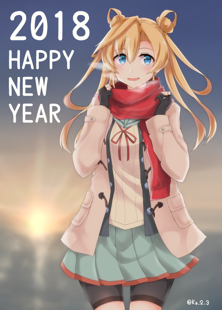 2018 abukuma_(kantai_collection) bike_shorts black_gloves black_jacket blonde_hair blue_eyes blurry breath cowboy_shot depth_of_field double_bun gloves grey_sailor_collar grey_skirt happy_new_year highres jacket jewelry ka_tsumi kantai_collection long_hair looking_at_viewer neck_ribbon new_year open_clothes partly_fingerless_gloves pink_jacket red_ribbon red_scarf remodel_(kantai_collection) ribbon ring sailor_collar scarf shorts shorts_under_skirt skirt solo standing sunrise twitter_username wedding_band
