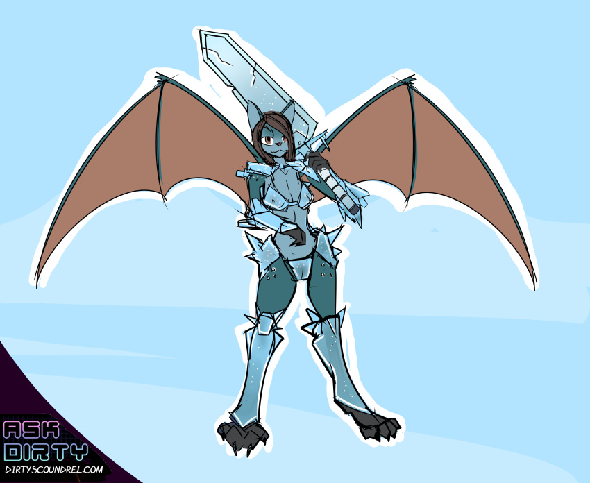 2016 4_toes absurd_res armor askdirty bat biped blue_background blue_ears blue_fur brown_hair claws colored_sketch digitigrade dirtyscoundrel female fur hair helia_(vosur) hi_res holding_object holding_sword holding_weapon ice_armor ice_sword mammal melee_weapon simple_background sketch solo sword toes unconvincing_armor url weapon