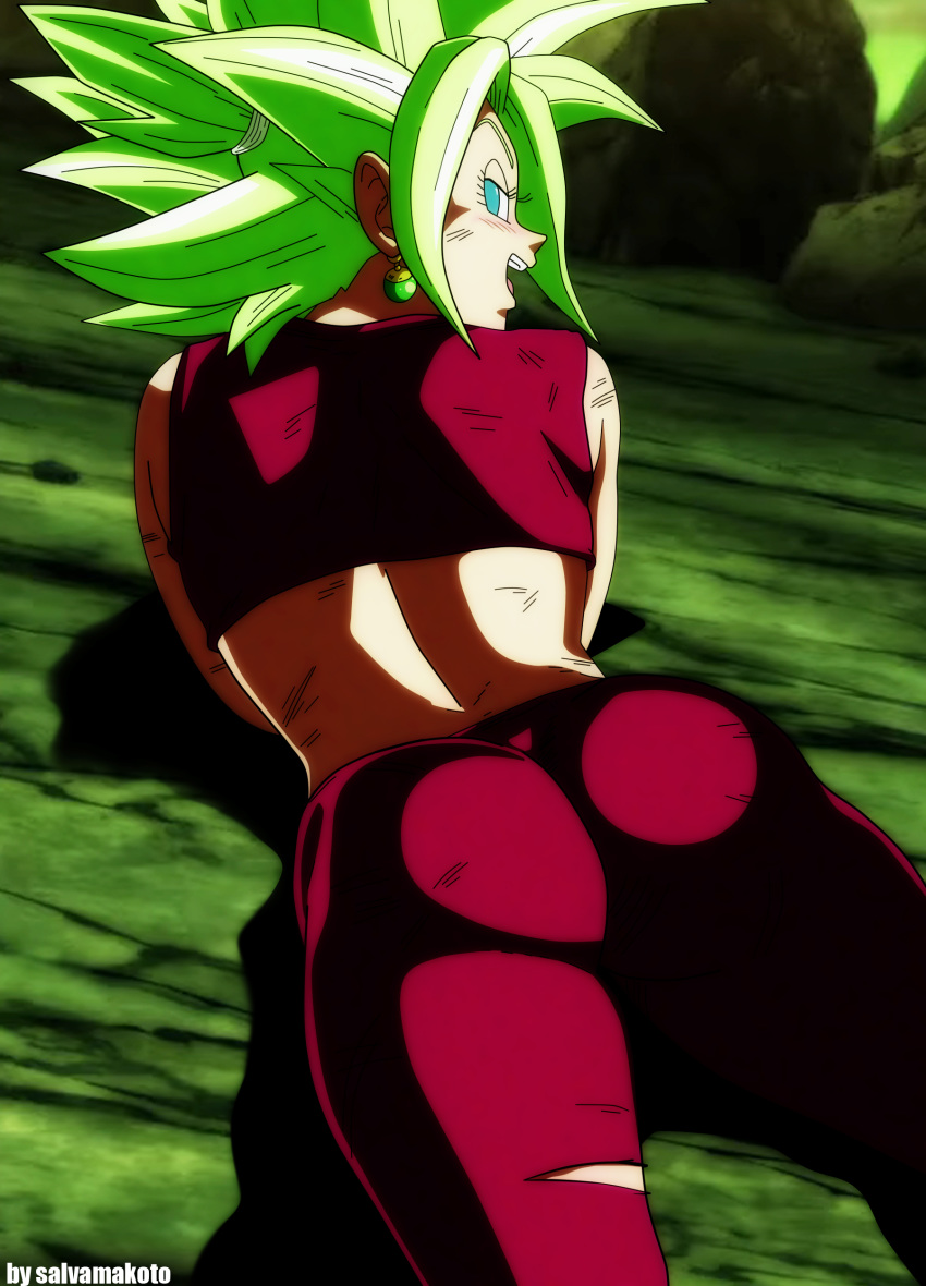 absurdres ass blonde_hair blush bruise crop_top dragon_ball dragon_ball_super earrings from_behind highres injury jewelry kefla_(dragon_ball) looking_back lying midriff no_pupils on_stomach pants salvamakoto solo spiked_hair super_saiyan torn_clothes torn_pants