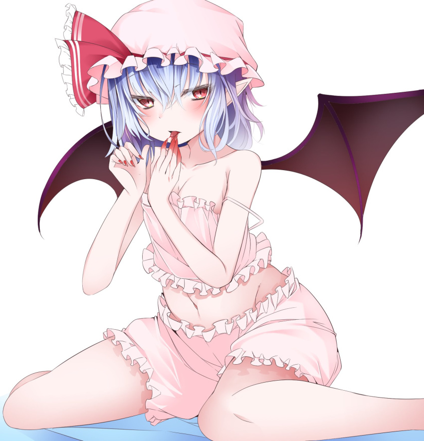 bangs bare_arms bare_legs bare_shoulders bat_wings bed_sheet black_wings bloomers blue_hair blush breasts buta_(uhoiiotoko) camisole cleavage collarbone commentary_request eyebrows_visible_through_hair finger_licking finger_to_mouth fingernails fingers frilled_ribbon frills groin hair_between_eyes half-closed_eyes hands_up hat hat_ribbon highres licking long_fingernails mob_cap nail_polish navel pink_hat pointy_ears red_eyes red_nails red_ribbon remilia_scarlet ribbon short_hair simple_background sitting small_breasts solo spaghetti_strap spread_wings stomach strap_slip tongue tongue_out touhou underwear wariza white_background wings