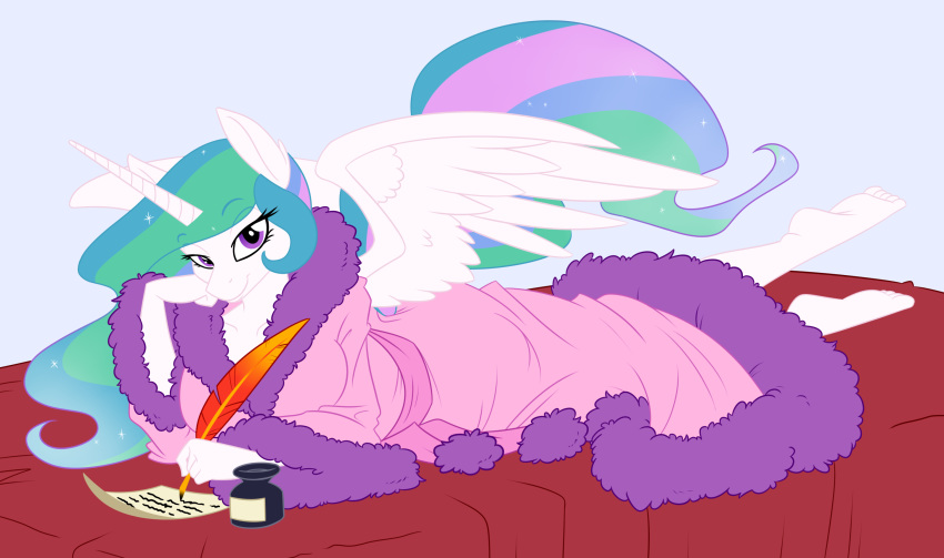 2015 anthro anthrofied bed best_princess breasts clothing dressing_gown equine feathered_wings feathers feet female friendship_is_magic fur hair horn inkwell letter looking_at_viewer loose_feather lying mammal multicolored_hair multicolored_tail my_little_pony paper pen pose princess princess_celestia_(mlp) purple_eyes quill robe royal royalty smile solo sparkles spiderweber white_feathers white_fur winged_unicorn wings writing_text