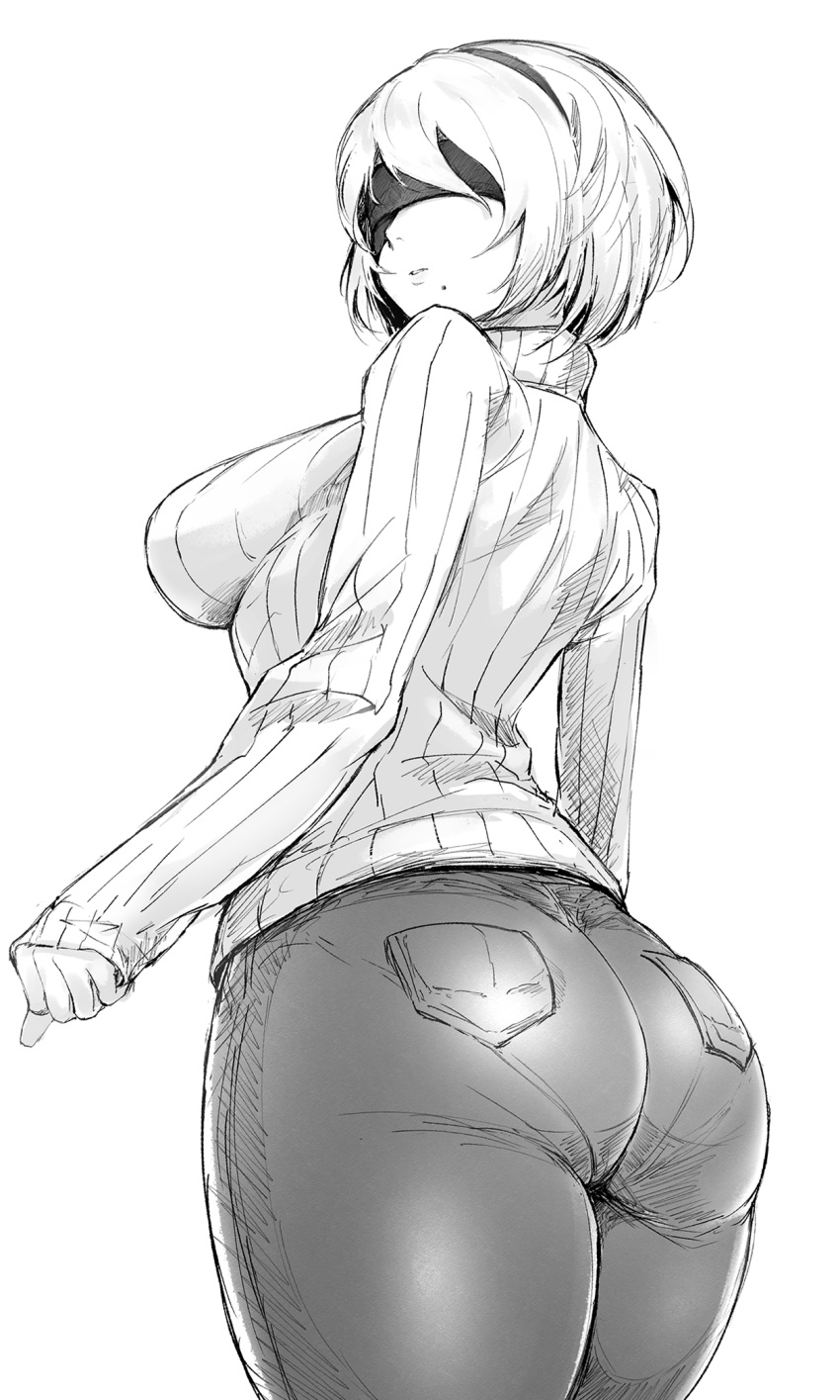 arms_at_sides ass back bangs blindfold breasts casual commentary_request cowboy_shot denim facing_viewer from_behind greyscale hairband highres hips hometa jeans large_breasts long_sleeves looking_back medium_breasts mole mole_under_mouth monochrome nier_(series) nier_automata nose pants pantylines parted_lips pocket ribbed_sweater short_hair simple_background sleeves_past_wrists solo standing sweater teeth thick_thighs thighs turtleneck turtleneck_sweater white_background yorha_no._2_type_b