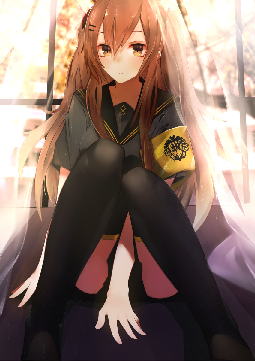 armband bangs between_legs black_legwear black_ribbon black_sailor_collar blush brown_eyes brown_hair collarbone commentary dust_particles eyebrows_visible_through_hair girls_frontline hair_ornament hair_ribbon hairclip hand_between_legs highres jacket knees_together_feet_apart legs long_hair looking_at_viewer marcellokito! no_shoes one_side_up ribbon sailor_collar short_sleeves sidelocks skirt solo thighhighs thighs twintails ump9_(girls_frontline) window