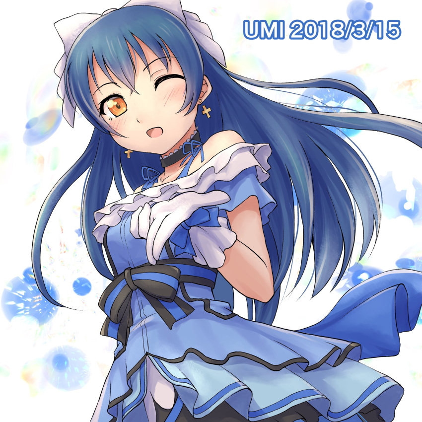 b.ren bangs bare_shoulders blue_hair bow choker commentary_request dress earrings gloves hair_between_eyes hair_bow hair_ornament highres jewelry kira-kira_sensation! long_hair looking_at_viewer love_live! love_live!_school_idol_project one_eye_closed open_mouth smile solo sonoda_umi yellow_eyes
