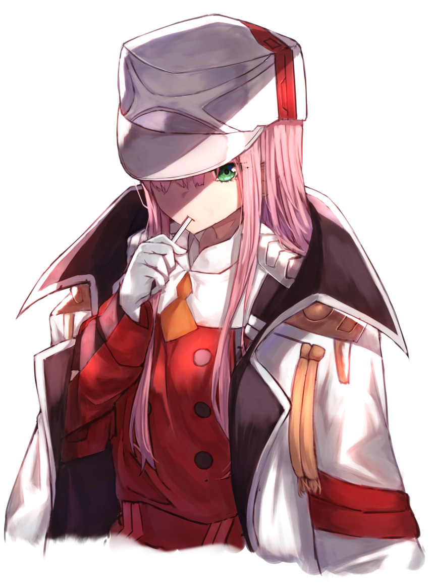 candy coat cropped_torso darling_in_the_franxx double-breasted food food_on_face gloves green_eyes hair_over_one_eye hat highres jacket_on_shoulders lollipop long_hair long_sleeves looking_at_viewer military military_jacket military_uniform open_clothes open_coat pink_hair shaded_face sidelocks simple_background solo straight_hair uniform upper_body white_background white_coat white_gloves white_hat yuuki_nao_(pixiv10696483) zero_two_(darling_in_the_franxx)