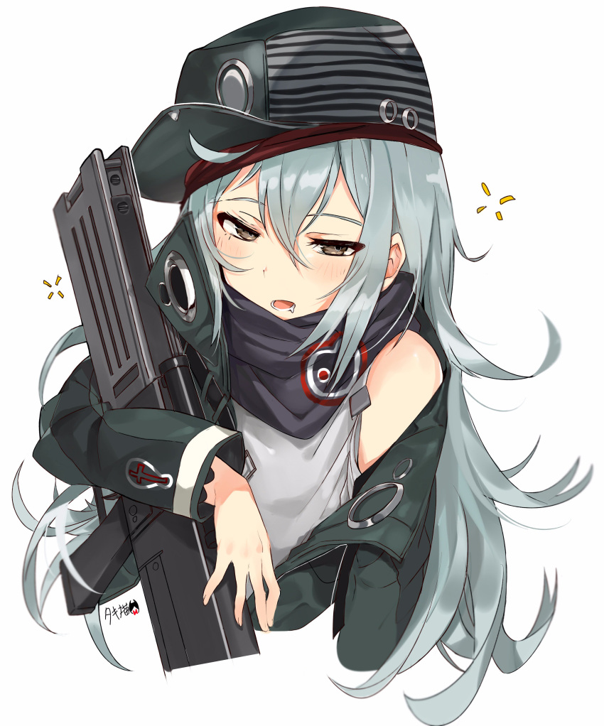absurdres ahoge assault_rifle bangs bare_shoulders blush brown_eyes bullpup commentary_request cropped_torso eyebrows_visible_through_hair g11 g11_(girls_frontline) girls_frontline green_jacket grey_shirt gun hair_between_eyes half-closed_eyes hat heckler_&amp;_koch highres holding holding_gun holding_weapon jacket long_hair long_sleeves looking_at_viewer magazine_(weapon) messy_hair open_clothes open_mouth red_scarf rifle scarf scarf_on_head scope shirt shoulder_cutout sidelocks signature silver_hair solo tuxedo_de_cat upper_body very_long_hair weapon white_background yawning