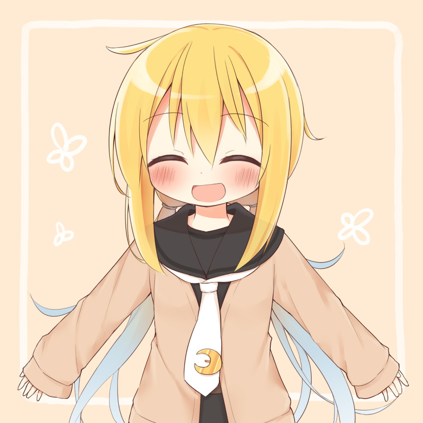 :d ^_^ ayanepuna bangs black_sailor_collar black_serafuku black_shirt blonde_hair blue_hair blush brown_background brown_cardigan cardigan closed_eyes commentary_request crescent crescent_moon_pin eyebrows_visible_through_hair facing_viewer gradient_hair hair_between_eyes highres kantai_collection long_hair long_sleeves low_twintails multicolored_hair necktie open_cardigan open_clothes open_mouth outstretched_arms sailor_collar satsuki_(kantai_collection) school_uniform serafuku shirt sidelocks sleeves_past_wrists smile solo tie_clip twintails very_long_hair white_neckwear