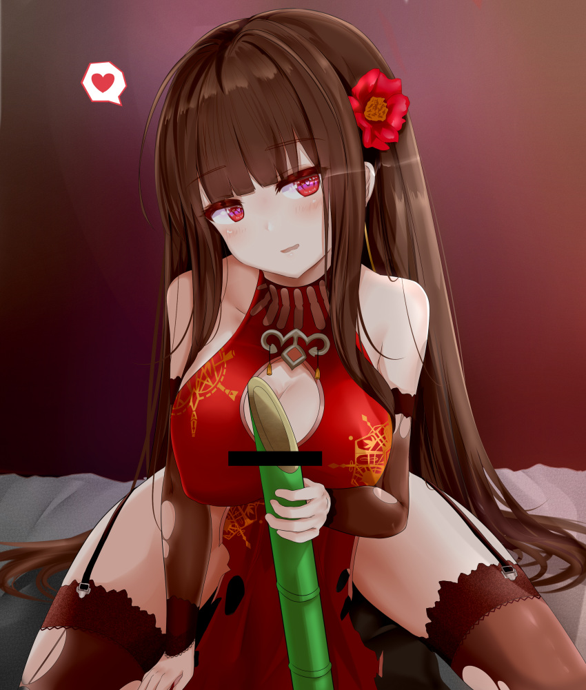 absurdres alternate_costume arm_support bamboo_shoot bangs bar_censor bare_shoulders blunt_bangs blush breasts bridal_gauntlets brown_hair brown_legwear censored china_dress chinese_clothes cleavage cleavage_cutout collarbone commentary_request dress dsr-50_(girls_frontline) elbow_gloves eyebrows_visible_through_hair fan flower flying_heart folding_fan garter_straps girls_frontline gloves groin hair_flower hair_ornament half-closed_eyes head_tilt heart heart-shaped_pupils highres holding holding_bamboo_shoot lace lace-trimmed_thighhighs large_breasts leaning_forward long_hair looking_at_viewer open_mouth pantyhose red_dress red_eyes ru_zhai side_slit sidelocks sitting smile solo studs symbol-shaped_pupils tassel thighhighs thighs torn_clothes torn_dress torn_gloves torn_legwear