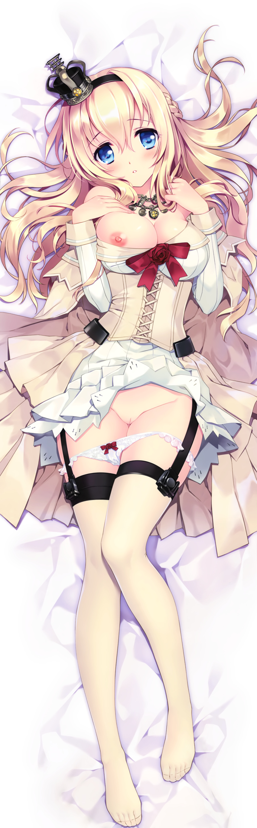 absurdres bare_shoulders blonde_hair blue_eyes blush bow bow_panties braid breast_press breasts carnelian corset crown dakimakura dress feet flower french_braid full_body garter_straps groin highres huge_filesize kantai_collection large_breasts long_hair long_sleeves looking_at_viewer mini_crown nipples no_shoes off-shoulder_dress off_shoulder panties panty_pull parted_lips pussy red_flower red_ribbon red_rose ribbon rose sample scan solo thighhighs thighs underwear warspite_(kantai_collection) white_dress white_panties yellow_legwear