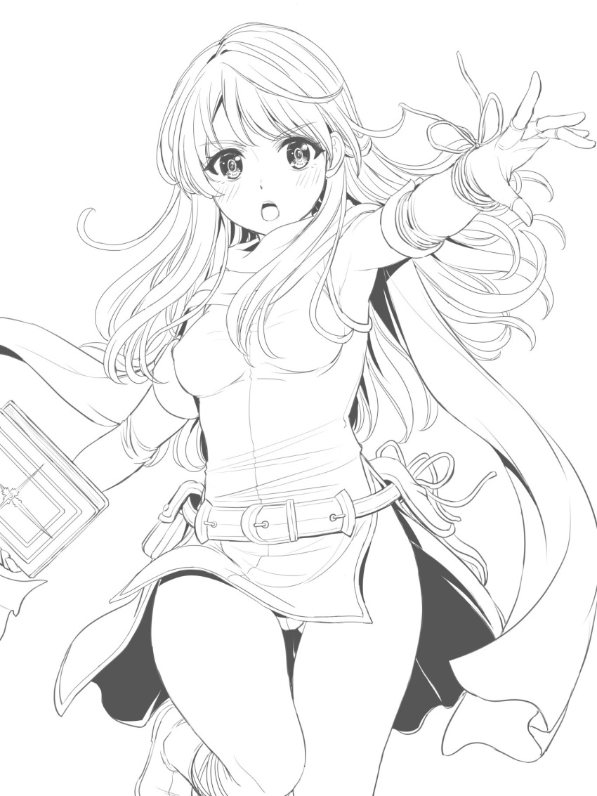 :o armpits bangle bare_shoulders belt blush book bracelet commentary_request dress elbow_gloves fingerless_gloves fire_emblem fire_emblem:_akatsuki_no_megami gloves greyscale half_updo highres inanaki_shiki jewelry long_hair micaiah monochrome open_mouth outstretched_arm panties pantyshot scarf side_slit simple_background sketch sleeveless sleeveless_dress solo underwear v-shaped_eyebrows white_background