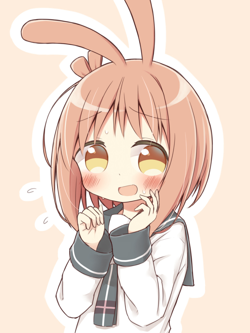 :d animal_ears ayanepuna bangs beige_background blush brown_eyes brown_hair bunny_ears commentary_request eyebrows_visible_through_hair flying_sweatdrops grey_neckwear grey_sailor_collar hands_up highres ichinose_hana kemonomimi_mode long_sleeves looking_at_viewer one_side_up open_mouth outline sailor_collar school_uniform serafuku shirt sidelocks slow_start smile solo sweat upper_body white_outline white_shirt