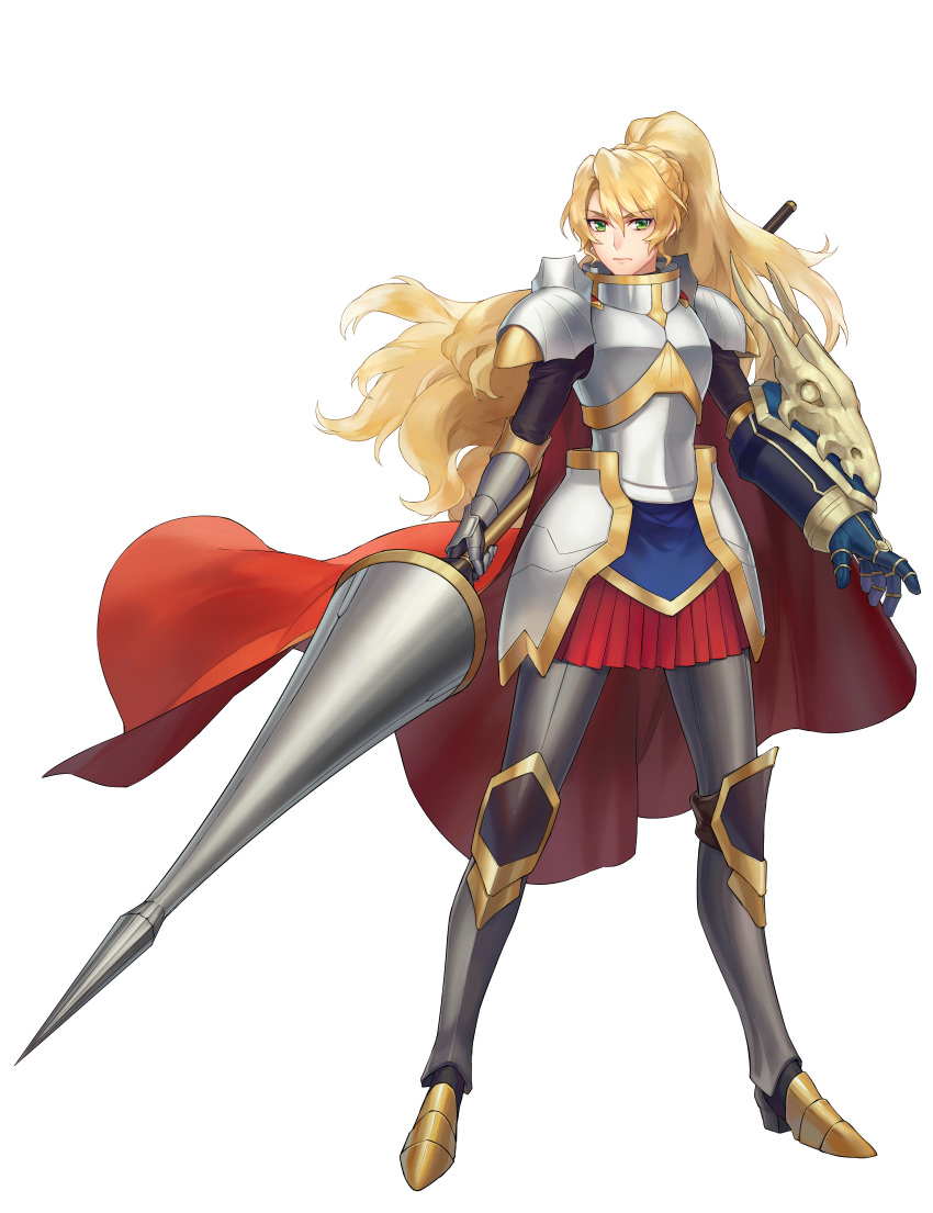 absurdres alicetaria_february armor armored_boots artist_request blonde_hair boots breastplate cape eyebrows_visible_through_hair faulds gauntlets green_eyes grimace highres holding holding_weapon lance looking_at_viewer luna_princess pauldrons polearm ponytail re:creators skirt solo standing tenshi_mikadokuni weapon