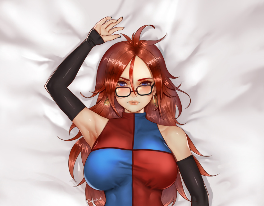 android_21 armpits artist_name bare_shoulders bed_sheet black-framed_eyewear blue_eyes blush breasts brown_hair checkered checkered_dress curly_hair dakimakura detached_sleeves dragon_ball dragon_ball_fighterz dress earrings easonx from_above glasses highres hoop_earrings jewelry labcoat large_breasts lips long_hair looking_at_viewer pink_lips sheet_grab shiny shiny_clothes signature sleeveless sleeveless_dress solo